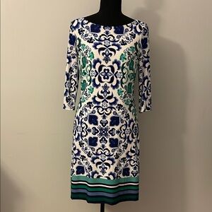 Vince Camuto Blue and Green Floral 3/4 Sleeve Dress